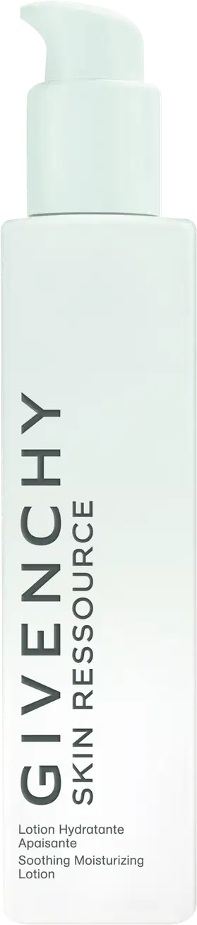 Frasco branco com bomba doseadora da linha de produtos de cuidados com a pele Givenchy Skin Ressource, contendo loção hidratante suavizante.