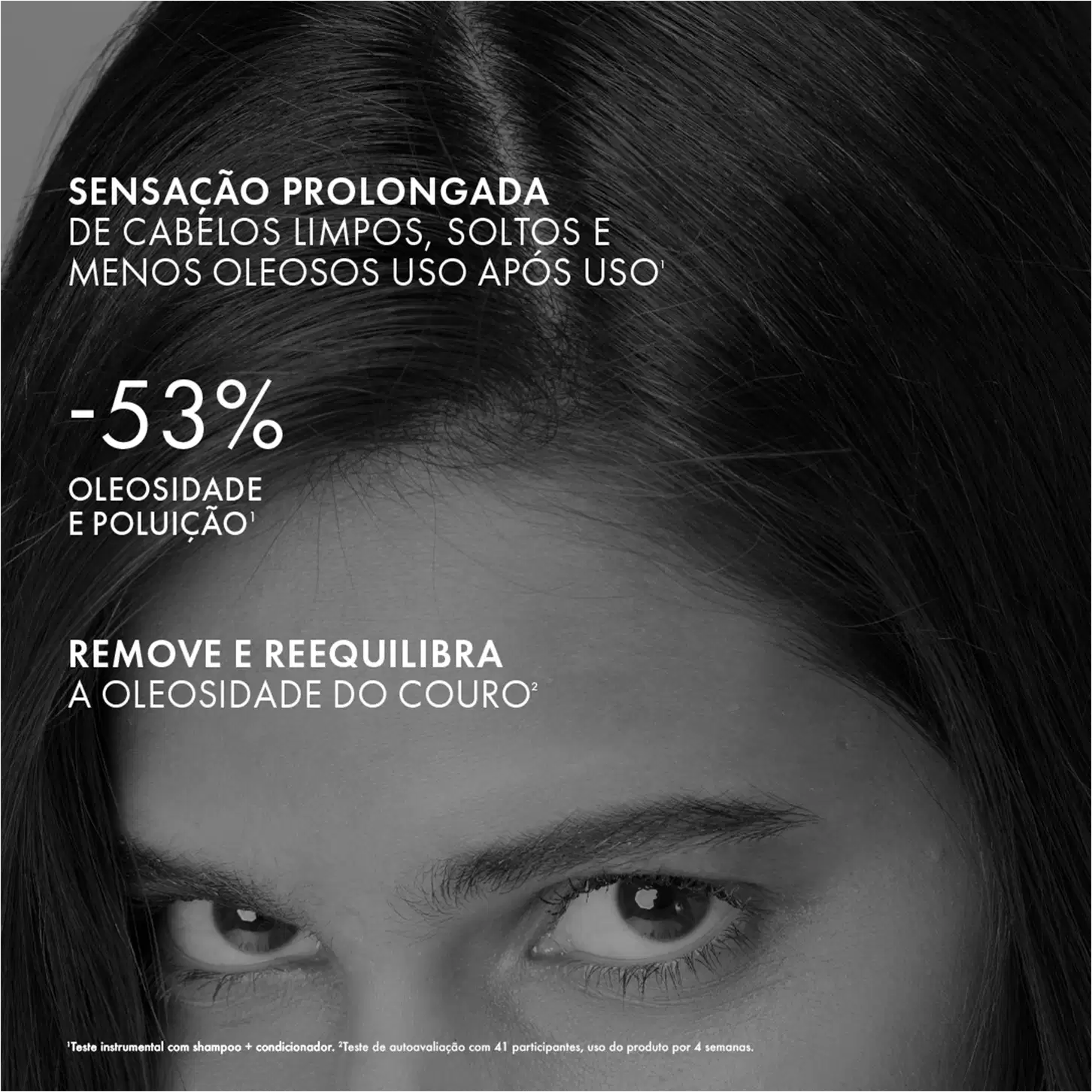 O texto menciona: redução de 53% na oleosidade e poluição, além de indicar que o produto ajuda a remover e reequilibrar a oleosidade do couro cabeludo.