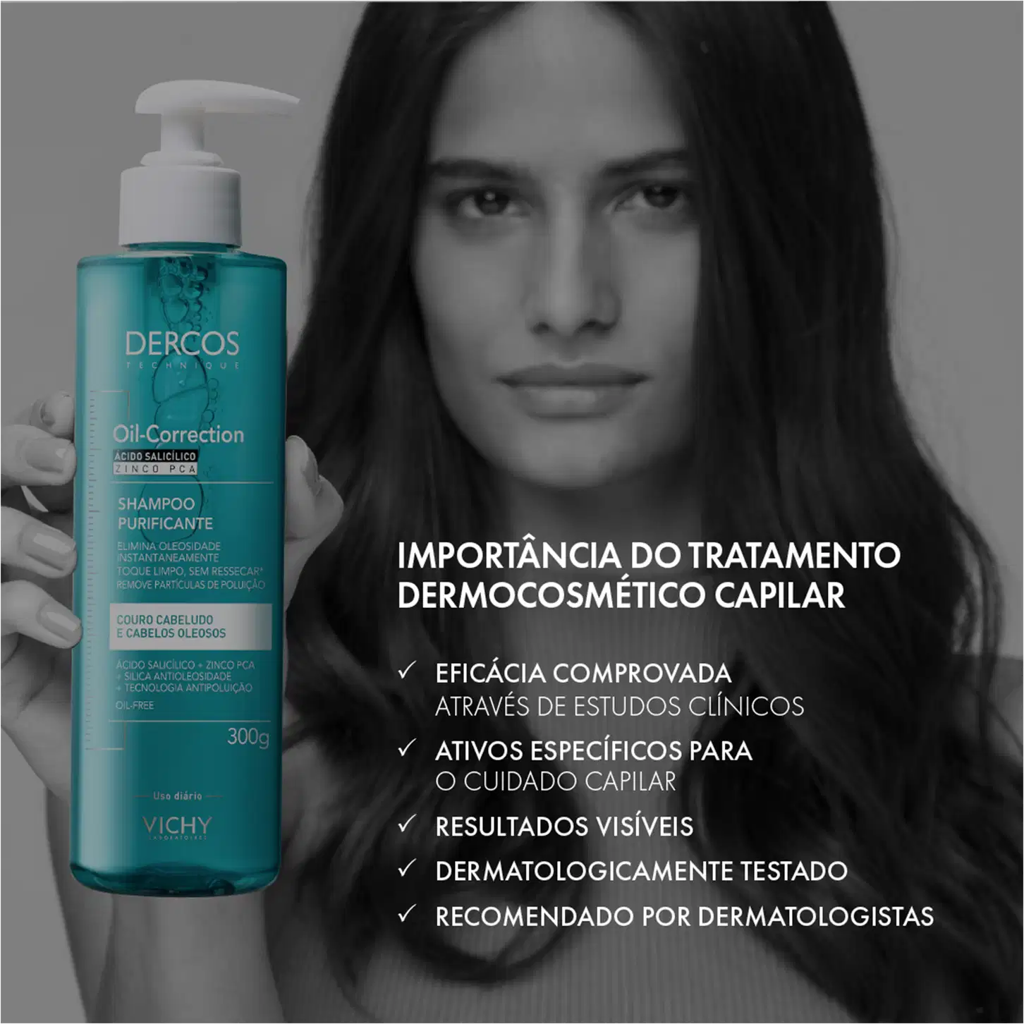 O texto na imagem ressalta a importância do tratamento dermocosmético capilar, destacando sua eficácia comprovada em estudos clínicos, seus ativos específicos para o cuidado capilar, resultados visíveis, der