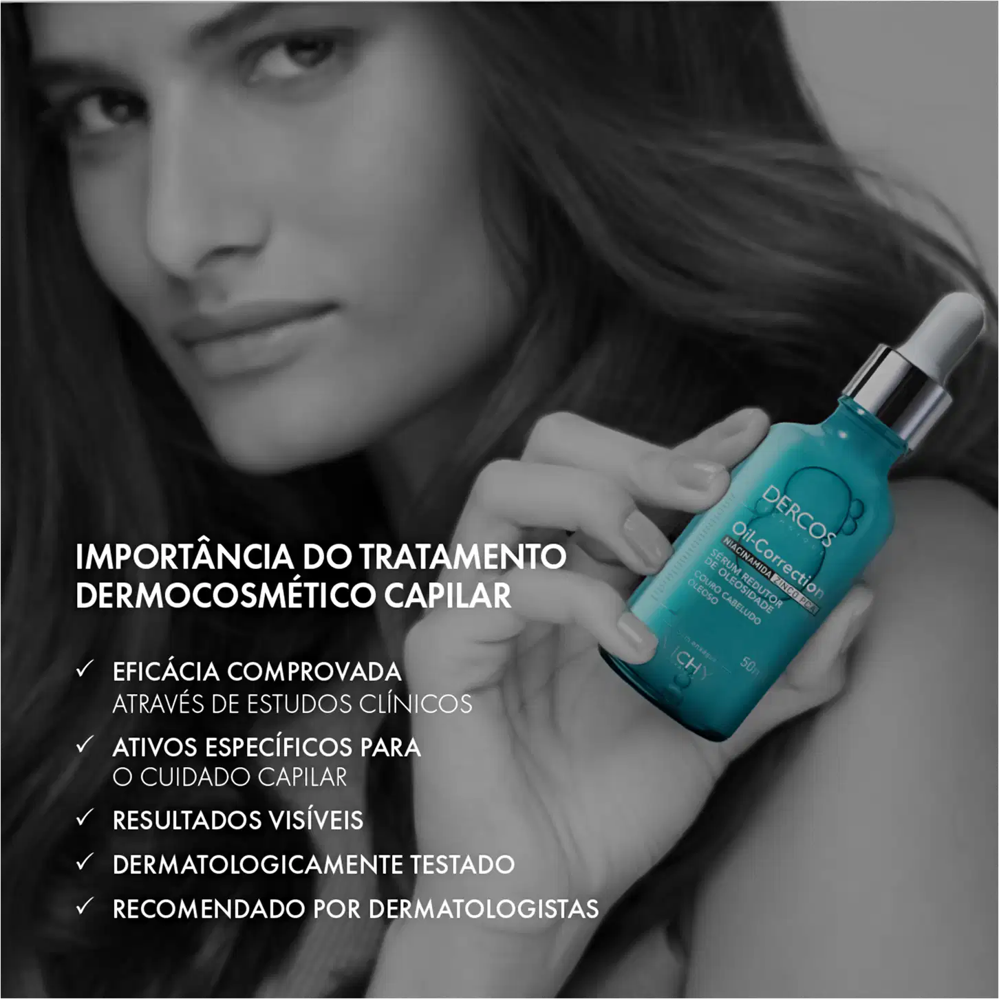 O texto destaca a importância do tratamento dermocosmético capilar, mencionando sua eficácia comprovada em estudos clínicos, seus ativos específicos para o cuidado capilar, resultados visíveis, dermatologicamente testado