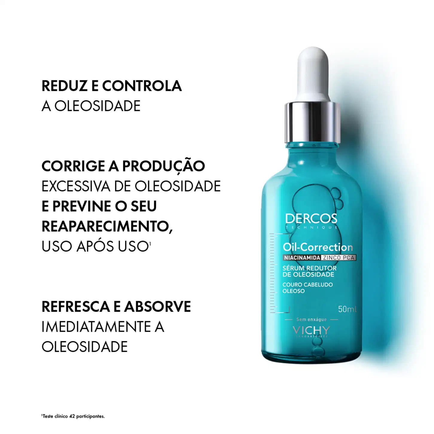 Texto destaca: "Serum Redutor de Oleosidade",  ajuda a reduzir e controlar a oleosidade, corrige a produção excessiva de oleosidade, refresca e absorve imediatamente a oleosidade