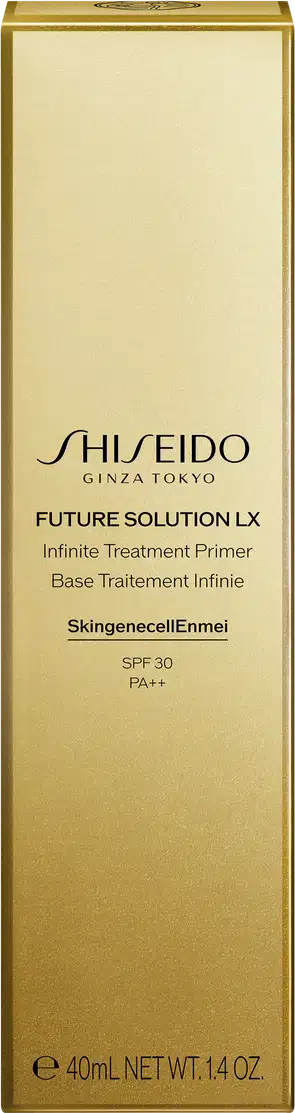 Caixa dourada de produto Shiseido Future Solution LX, um primer de tratamento infinito com SPF 30 e PA++, contendo 40 ml do produto.