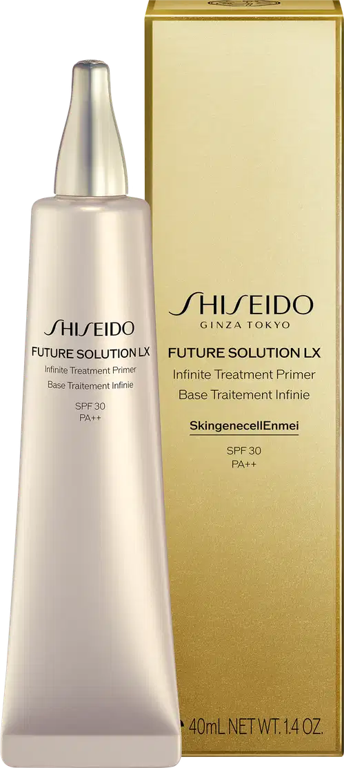 Frasco branco de primer facial da linha Future Solution LX da Shiseido, com caixa dourada. O produto é descrito como um primer de tratamento com FPS 30 e tecnologia Skingenecellenei.