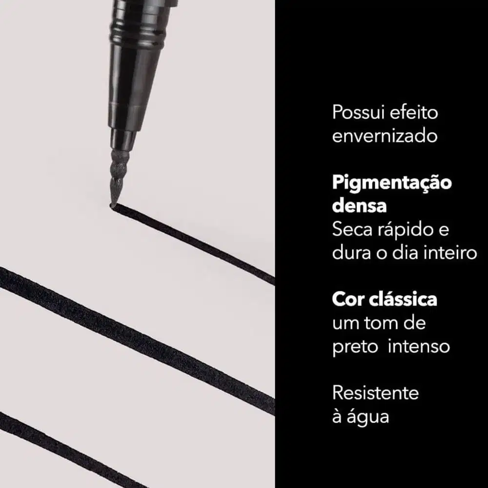 A imagem mostra a ponta do produto com informações de efeito envernizado, secagem rápida, pigmentação densa, cor clássica e resistência à água.
