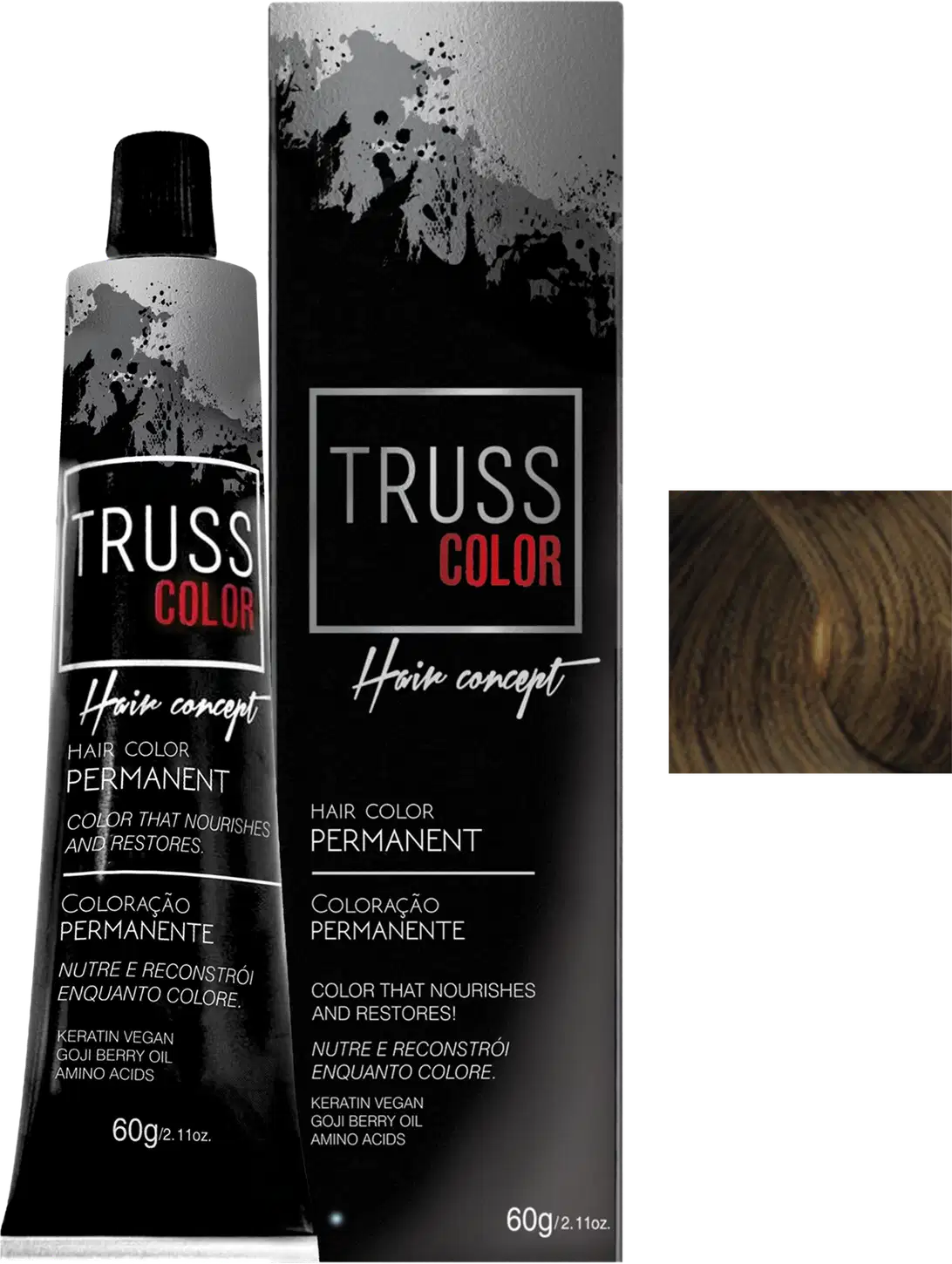 Trata-se de um produto de coloração permanente para cabelos da marca TRUSS COLOR, apresentado em um tubo de 60g e uma caixa preta com detalhes em vermelho, exibindo informações sobre o conceito de cor para cabelos.