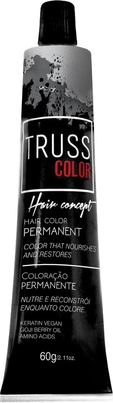 Tubo de coloração permanente de cabelo da marca Truss Color, com embalagem preta e branca, contendo informações sobre o produto, como "Hair Concept" e "Coloração Permanente".