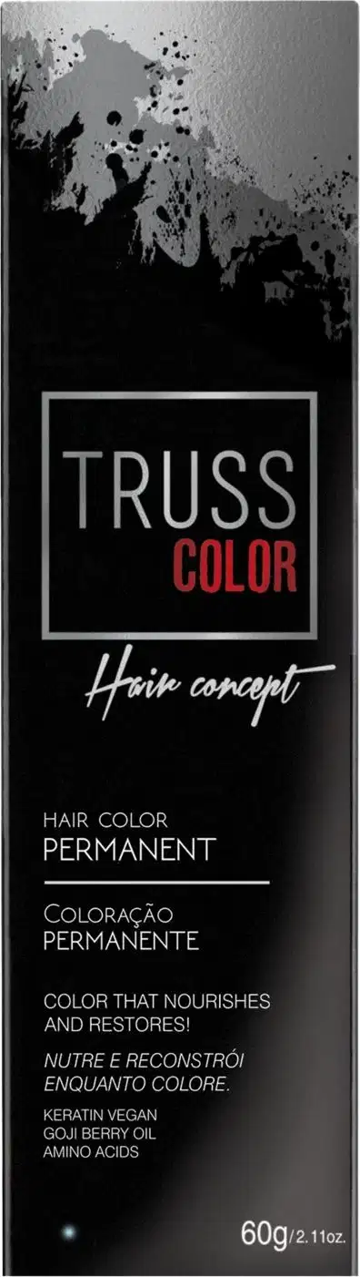 Caixa de coloração permanente de cabelo da marca Truss Color, com embalagem preta e branca, contendo informações sobre o produto, como "Hair Concept" e "Coloração Permanente".