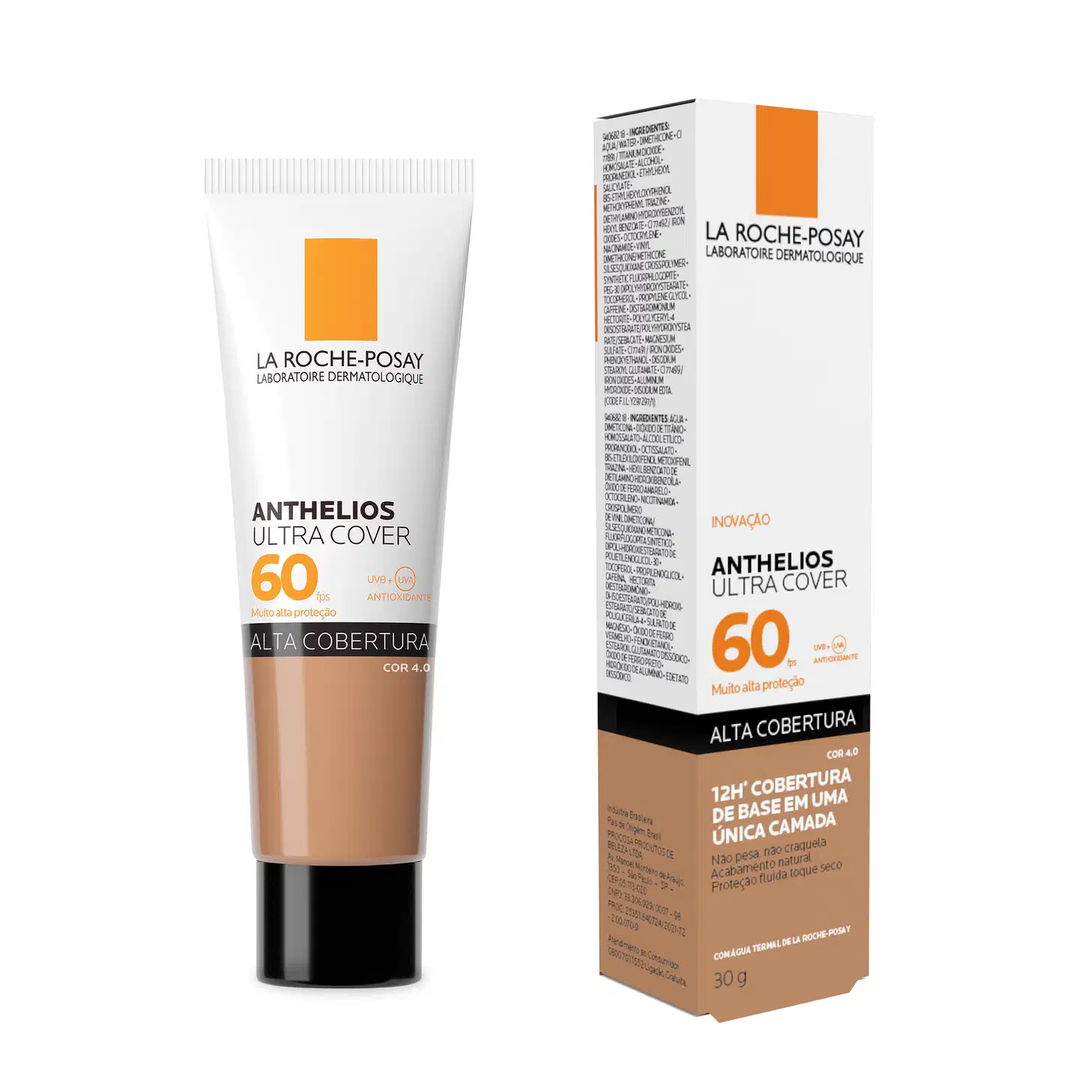Produto de proteção solar da marca La Roche-Posay, com embalagem em tubo branco e laranja. Rotulado como "Anthelios Ultra Cover 60", indicando um fator de proteção solar 60. Destaca-se a informação "Alta cobertura" na embalagem.