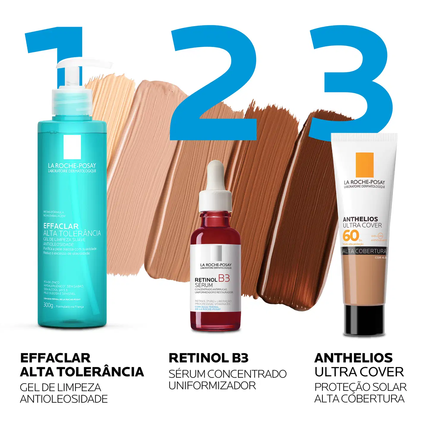Effaclar Alta Tolerância: Gel de Limpeza Antioleoside; Retinol B3 Sérum Concentrado Uniformizador; Anthelios Ultra Cover: Proteção Solar Alta Cobertura.