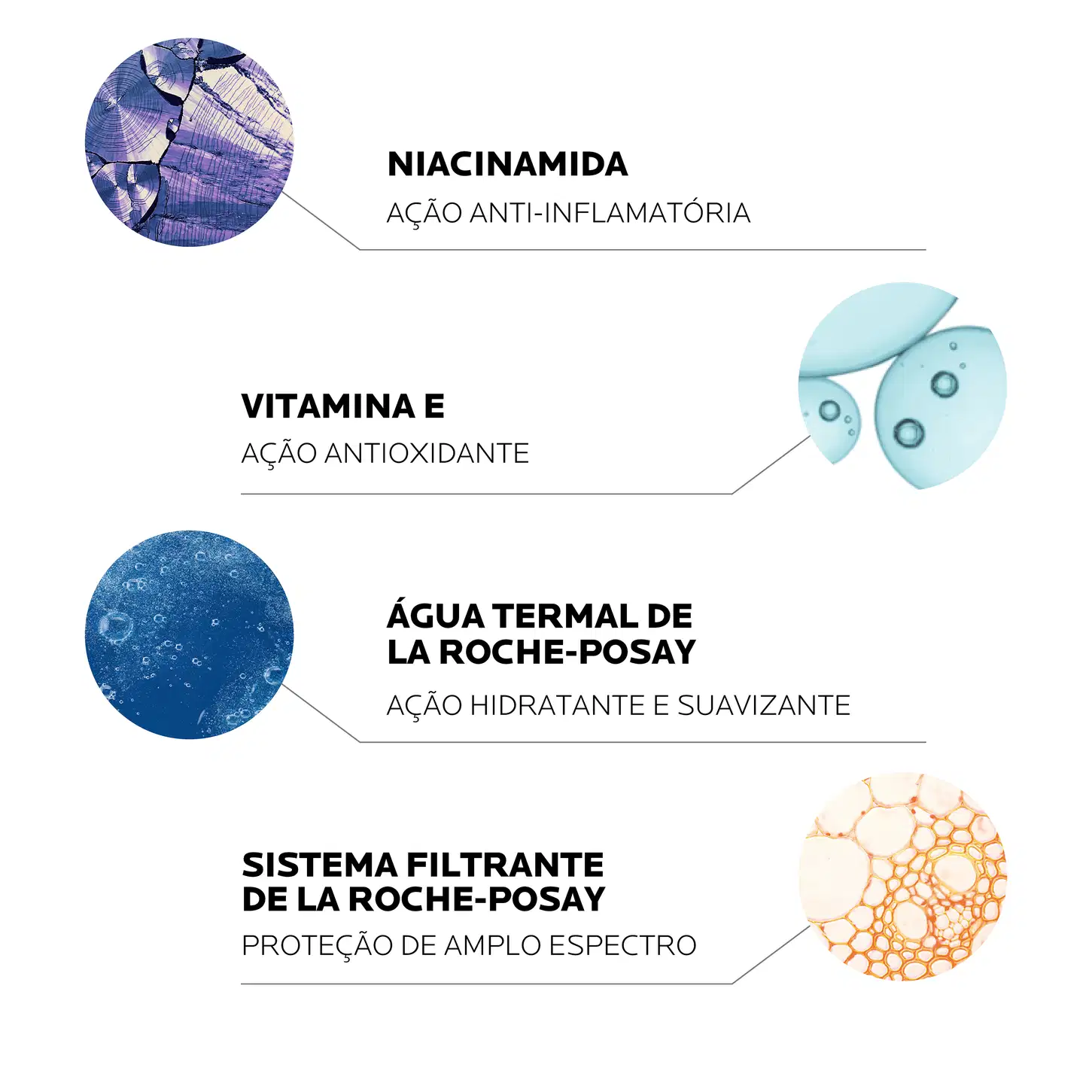 NIACINAMIDA - AÇÃO ANTI-INFLAMATÓRIA
VITAMINA E - AÇÃO ANTIOXIDANTE
ÁGUA TERMAL DE LA ROCHE-POSAY - AÇÃO HIDRATANTE E SUAVIZANTE
SISTEMA FILTRANTE DE LA ROCHE-POSAY - PROTEÇÃO DE AMPLO ESPECTRO