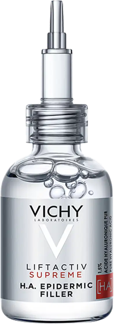 Frasco de vidro transparente com pipeta dosadora contendo o sérum Liftactiv Supreme da Vichy, com rótulo destacando o ingrediente H.A. Epidermic Filler. Embalagem em cores branca e prata, com o logotipo da marca Vichy.