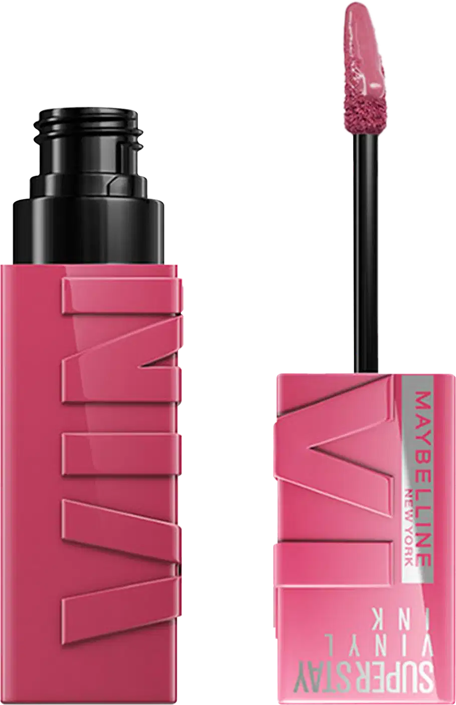 Maybelline Super Stay Matte Ink batom líquido em embalagem rosa com detalhes pretos, com aplicador em formato de pincel para aplicação precisa.