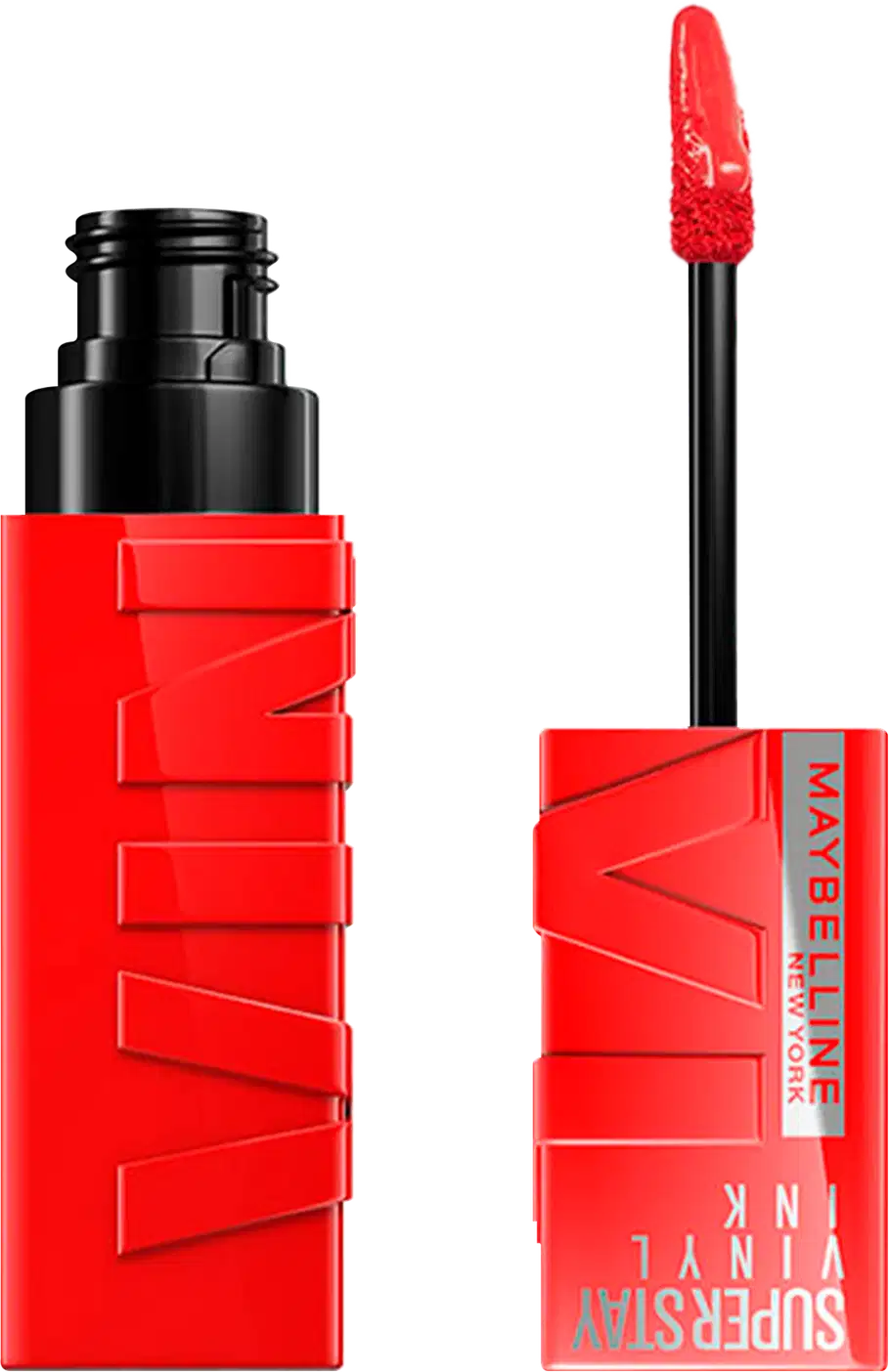 Produto de maquiagem da marca Maybelline, com embalagem vermelha e preta, contendo um aplicador de rímel vermelho. O produto é identificado como "Superstay Vinyl Ink" e possui um design moderno e chamativo.
