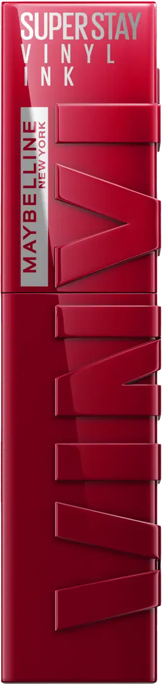 Batom líquido Maybelline Superstay Vinyl Ink em embalagem tubular vermelha brilhante, com tampa e corpo em tons de vinho. Rótulo prateado com "SUPERSTAY VINYL INK" e "MAYBELLINE NEW YORK". Letras em relevo na lateral.