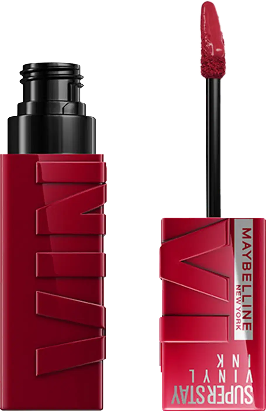 Batom líquido vermelho em embalagem preta e vermelha com texto "Maybelline New York Super Stay Ink Crayon" em destaque.
