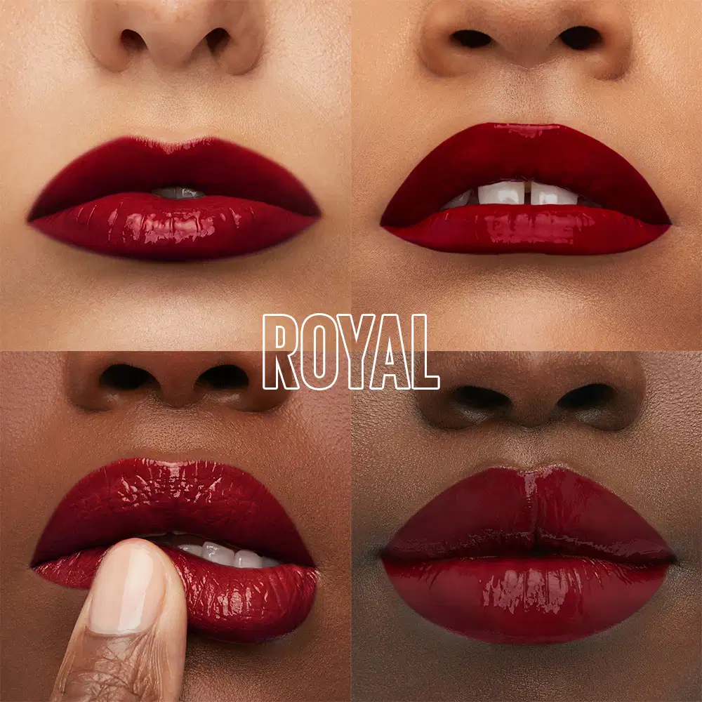 Quatro lábios com batom vinho/bordô brilhante em diferentes tons de pele, dispostos em quadrantes. Texto "UNRIVALED" em branco contornado no centro. Marca Maybelline.
