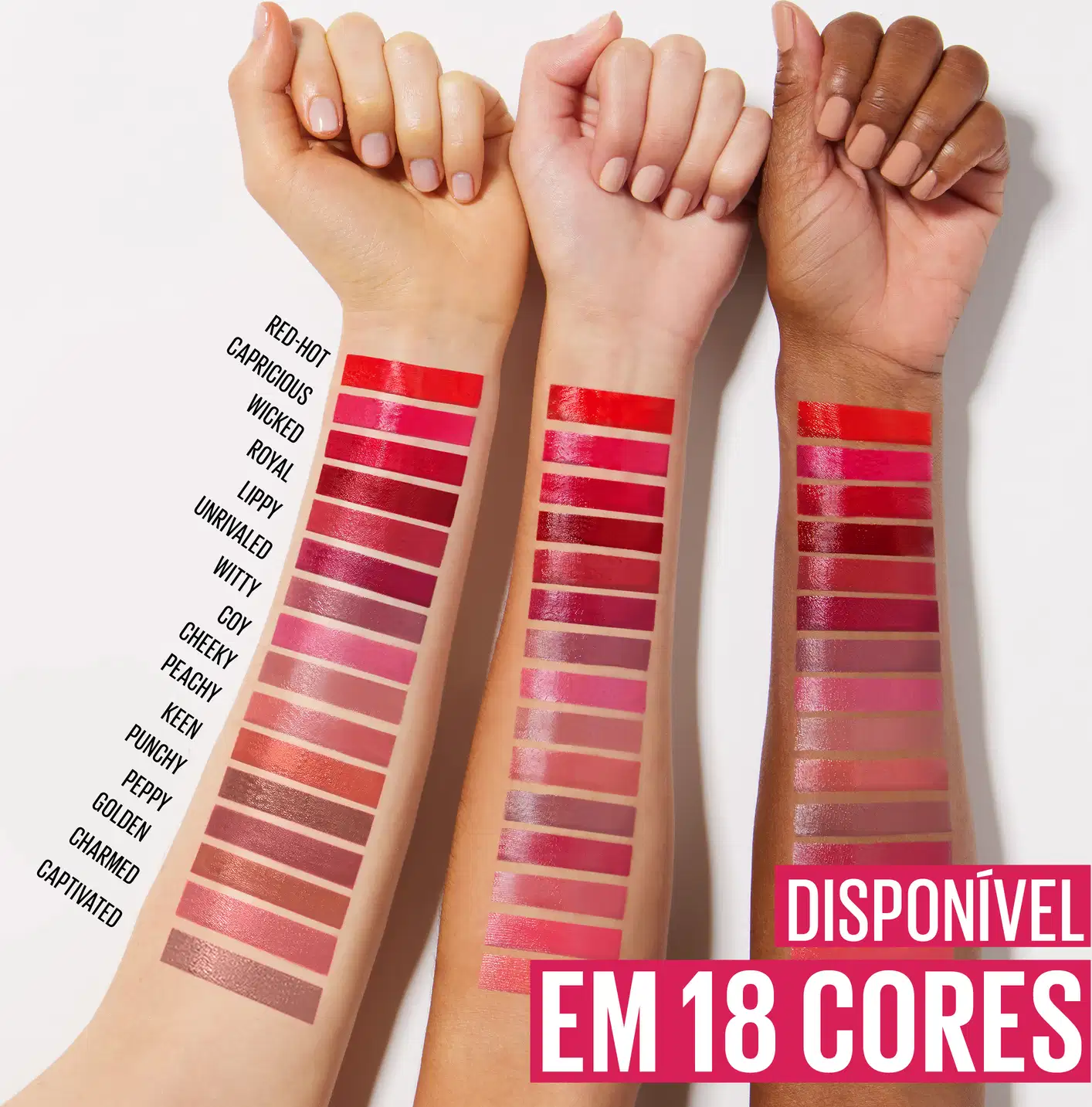 Fundo branco clean com três braços de tons de pele variados mostrando swatches de batom em vermelhos, rosas, nudes e marrons. Destaque em rosa pink e branco. Ambiente de estúdio.