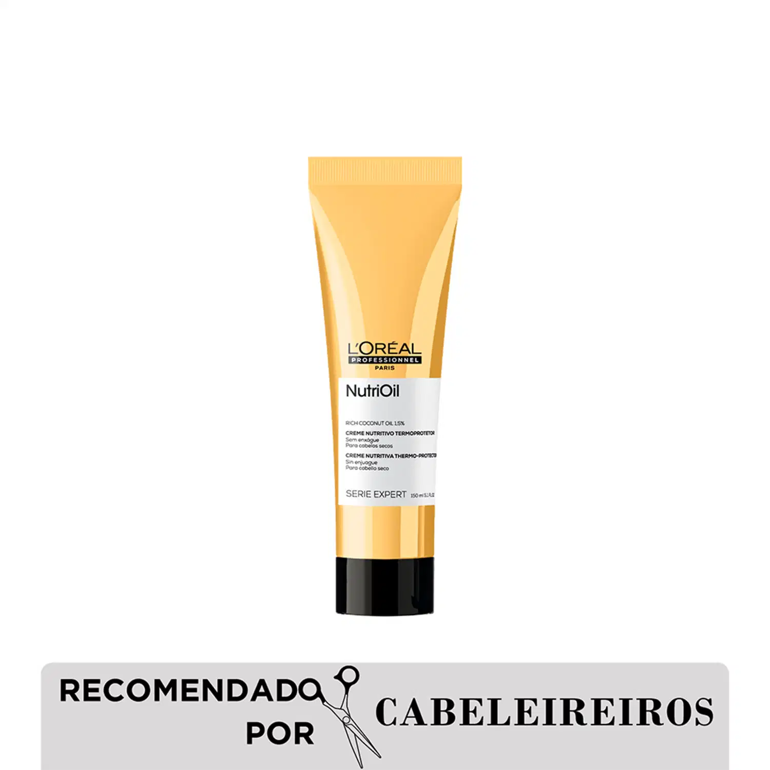 Tubo amarelo da linha Nutrioil da L'Oréal Professionnel Paris, contendo creme nutritivo termo-protetor para cabelos secos.