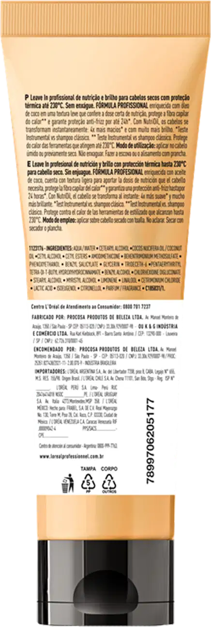 Tubo amarelo da linha Nutrioil da L'Oréal Professionnel Paris, contendo creme nutritivo termo-protetor para cabelos secos.