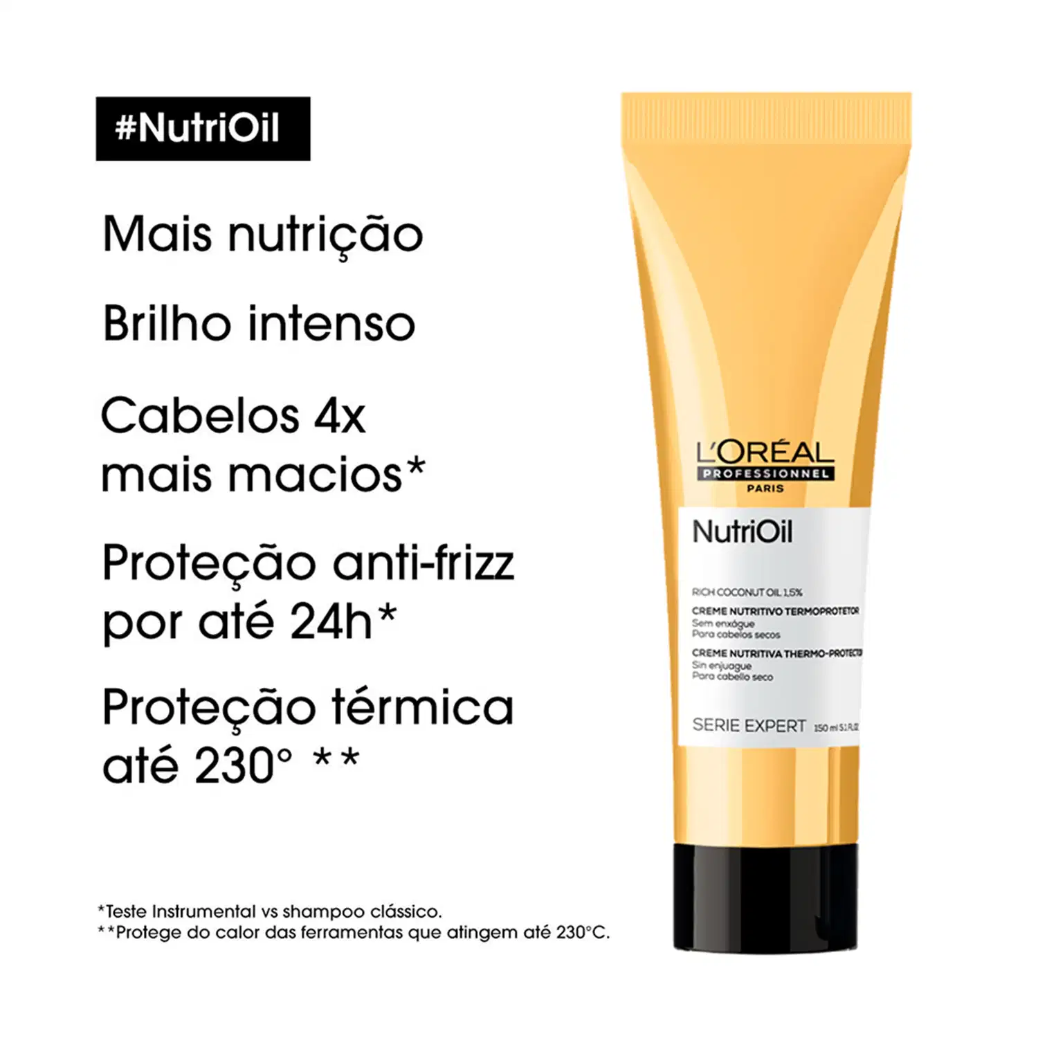 Tubo amarelo da linha Nutrioil da L'Oréal Professionnel Paris, contendo creme nutritivo termo-protetor para cabelos secos.