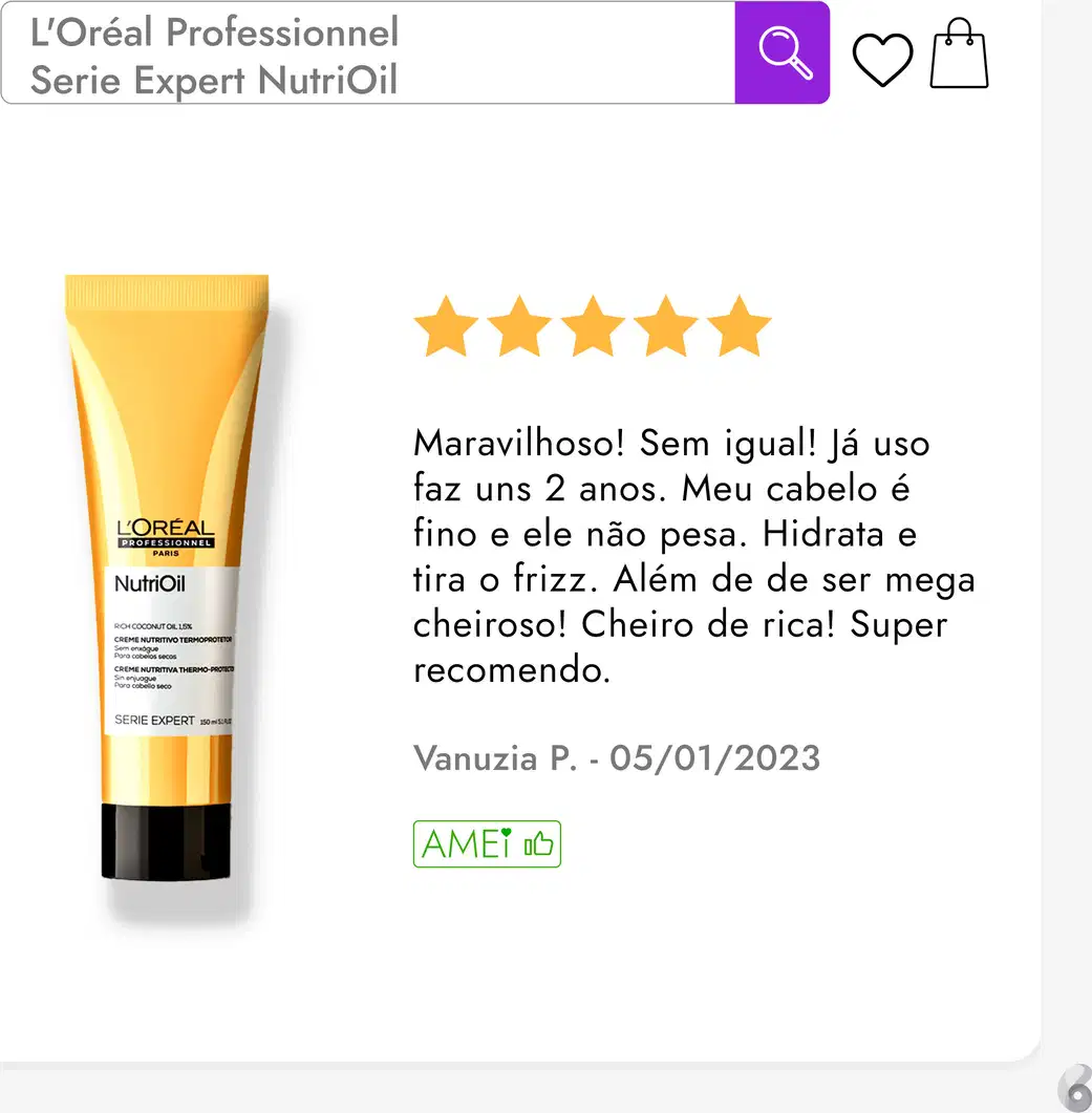 L'Oréal Professionnel Serie Expert NutriOil, um creme nutritivo para cabelos em embalagem amarela. Apresenta rótulo com informações do produto e avaliações positivas de um usuário.
