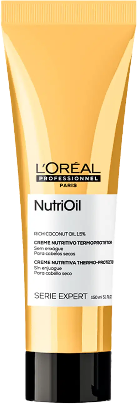 Tubo amarelo da linha Nutrioil da L'Oréal Professionnel Paris, contendo creme nutritivo termo-protetor para cabelos secos.