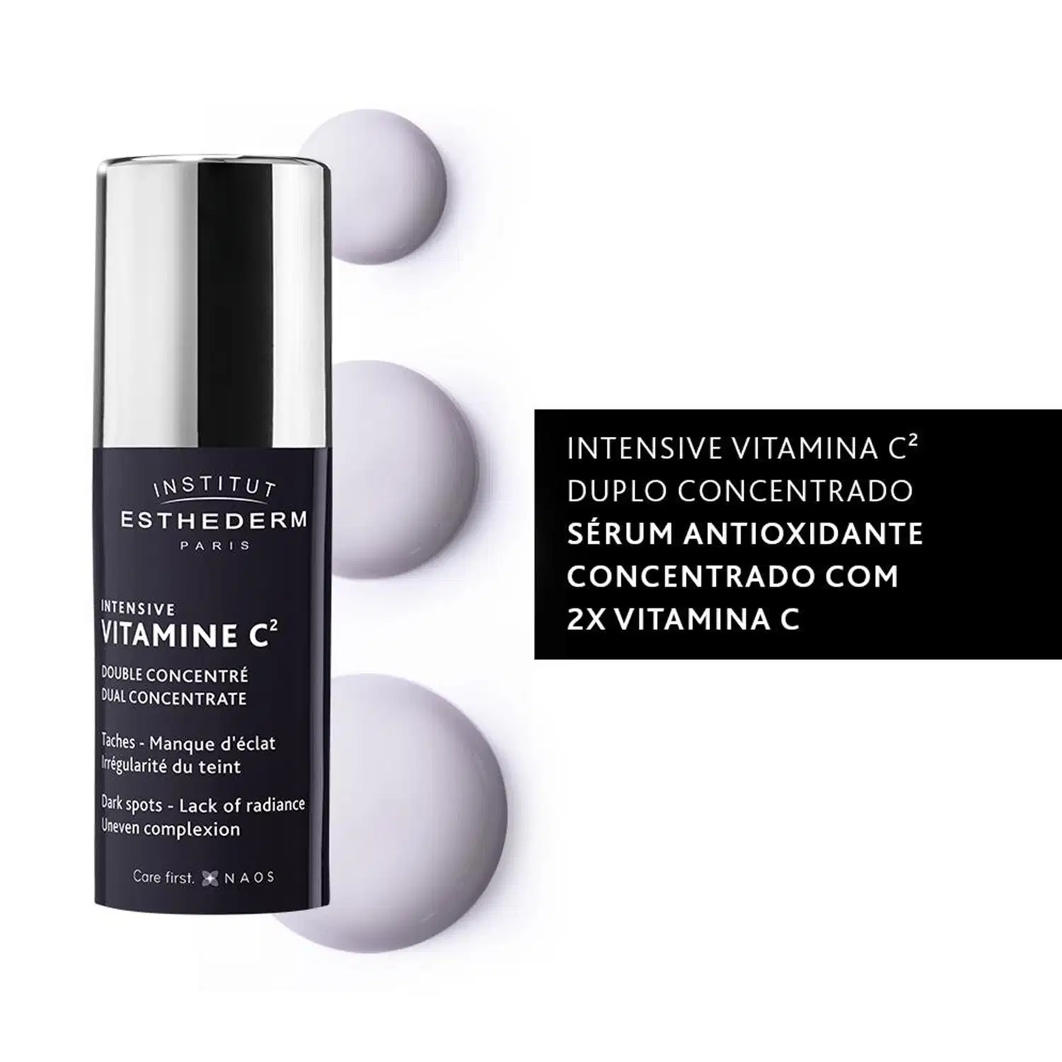 Frasco preto e branco da marca Esthederm contendo "Intensive Vitamine C2 Double Concentré", um sérum antioxidante concentrado com 2x vitamina C, indicado para manchas e falta de luminosidade.