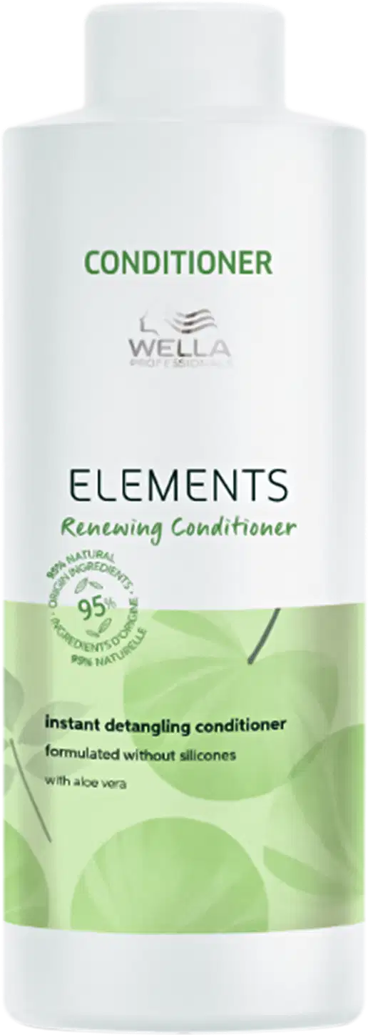 Condicionador  Elements da Wella. Embalagem branca com detalhes em verde. Rótulo indicando que é um condicionador formulado sem silicones, com 95% de ingredientes naturais e aloe vera. Cores predominantes são branco e verde claro
