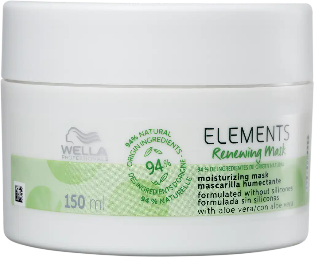 É um pote branco para uma máscara capilar da linha Elements da Wella Professionals, com 150ml. O produto é formulado com 94% de ingredientes naturais, incluindo aloe vera, e não contém silicones. As cores predominantes são branco e verde claro