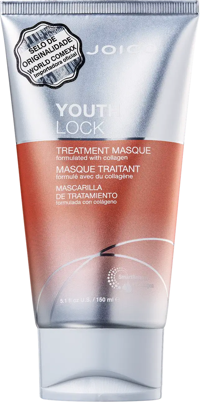 Tubo de tratamento capilar Joico Youth Lock com máscara de tratamento à base de colágeno, embalagem prateada e laranja, com rótulo destacando a originalidade do produto.
