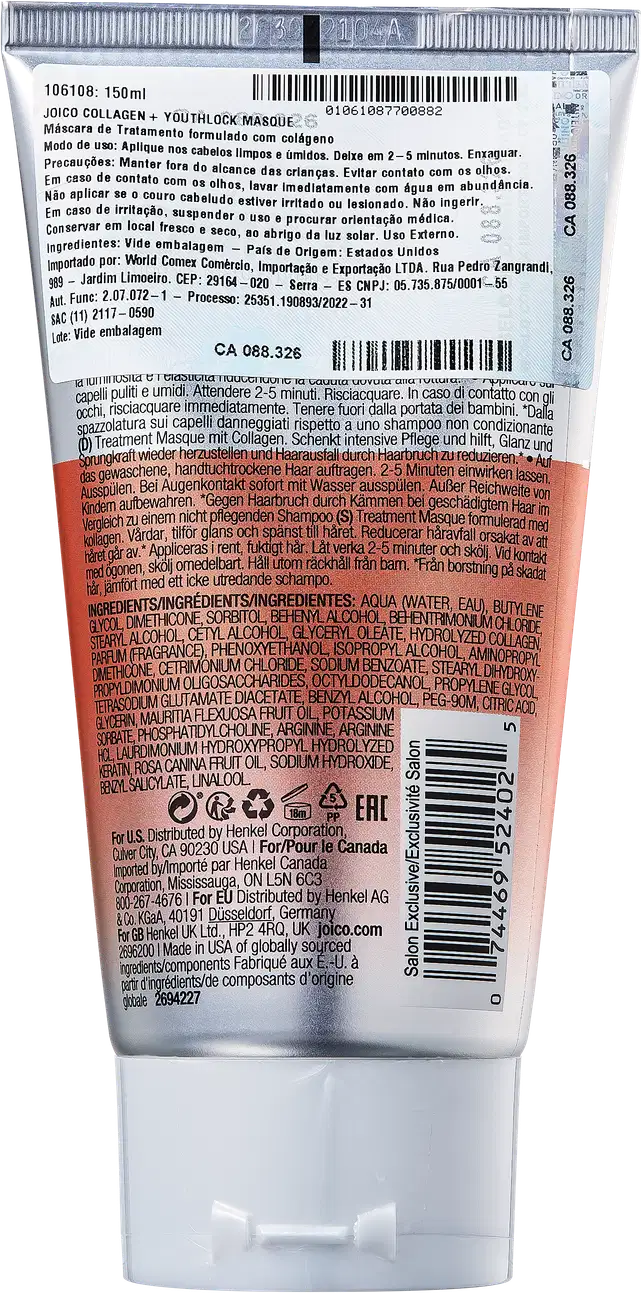 Tubo de tratamento capilar Joico Collagen + Youthlock Masque, 150ml, com embalagem prateada e rótulo detalhado com informações sobre o produto.