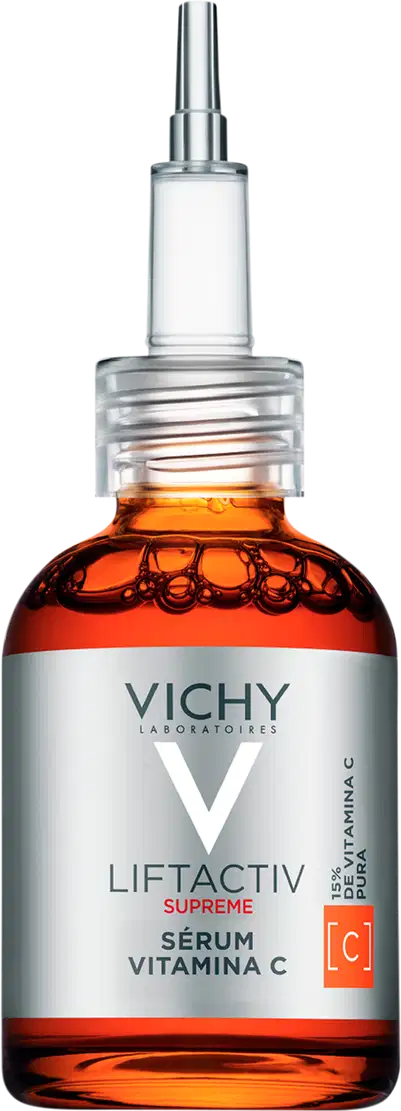 Frasco de vidro com sérum Vichy Liftactiv Supreme, contendo vitamina C, com tampa de metal e rótulo branco com logotipo da marca.