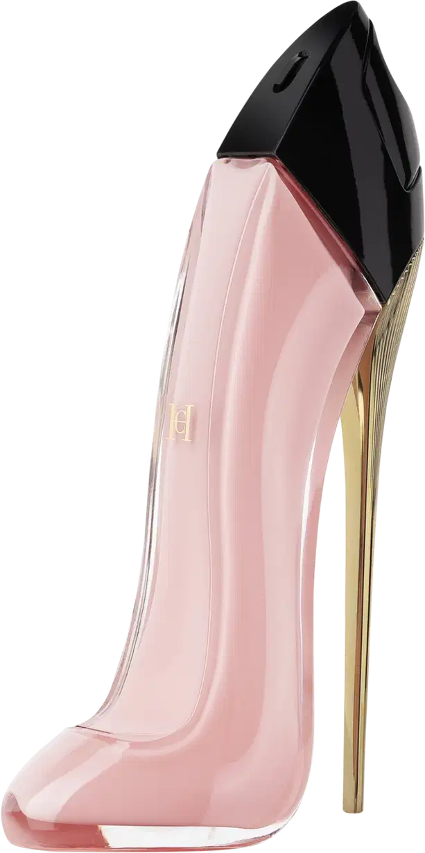 Frasco de perfume Carolina Herrera de formato geométrico, com corpo rosa e detalhes em preto e dourado. Embalagem elegante e sofisticada, com destaque para o nome da marca.