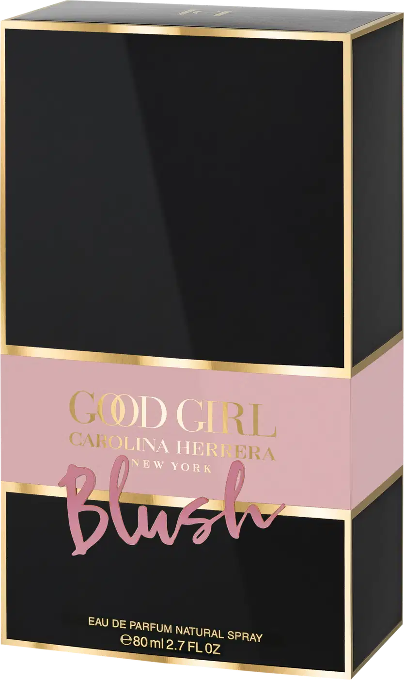 Caixa de perfume da linha "Good Girl" da Carolina Herrera, em embalagem preta e rosa com detalhes dourados, contendo 80 ml de produto.
