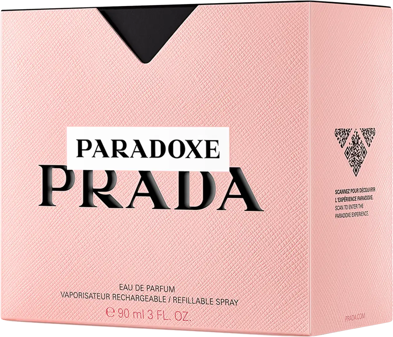 Frasco de perfume Prada com design triangular em vidro transparente, contendo líquido de cor rosa clara. O rótulo preto destaca o nome da marca "PRADA" em letras brancas.