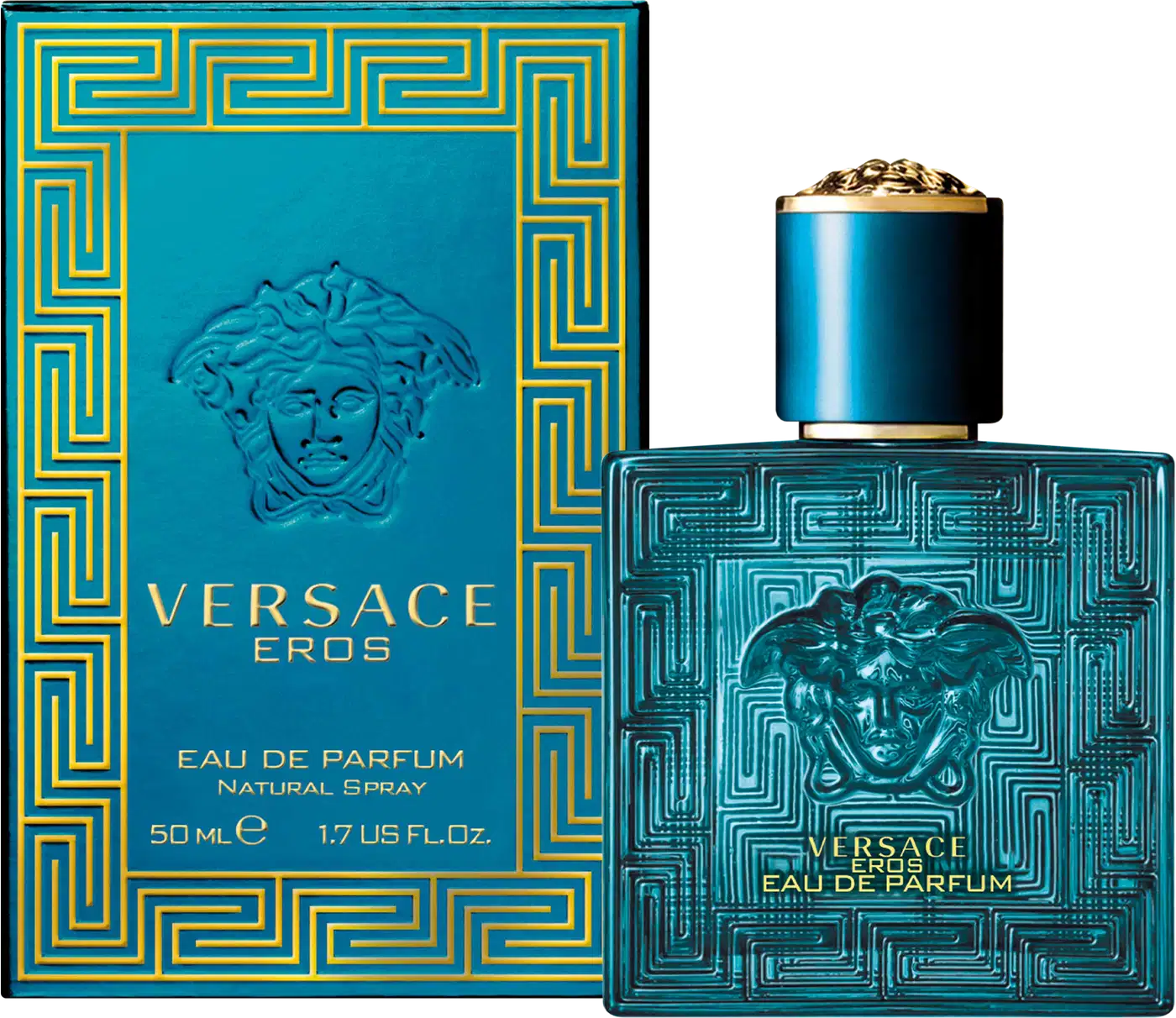 A imagem mostra a embalagem quadrada com detalhes em dourado com fundo azul turquesa. Nela, o nome da marca, do perfume, tipo de concentração e volumetria. Ao lado, o vidro do perfume.