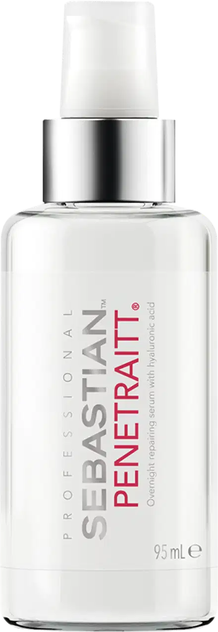 É um produto de tratamento capilar da marca Sebastian Professional. A embalagem é um frasco transparente. O frasco tem uma forma cilíndrica e contém um líquido incolor. Na parte frontal do frasco, há um o texto "Sebastian Penetraitt"