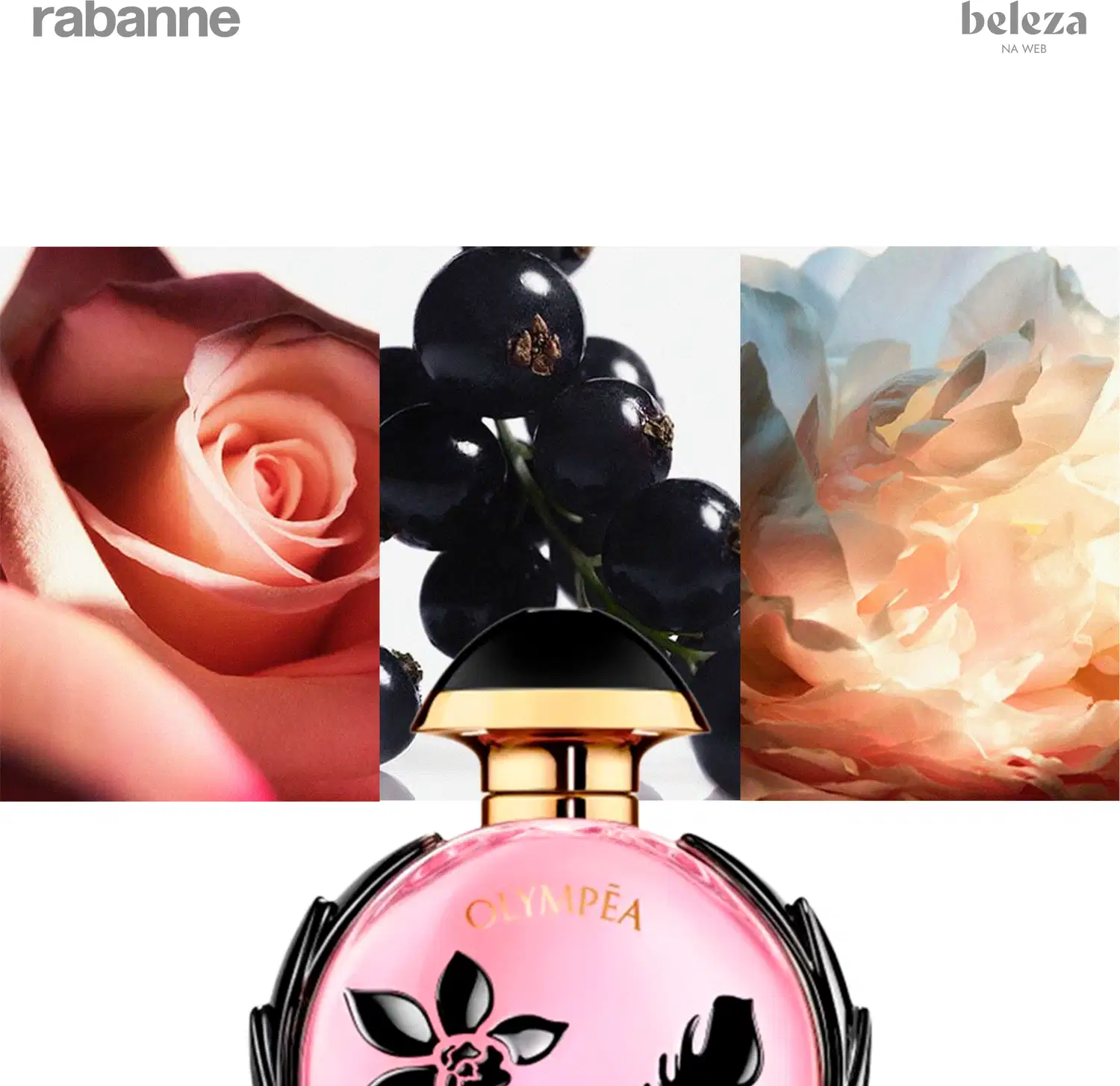 Frasco de perfume Olympea da marca Rabanne, com design elegante em tons de rosa e preto, destacando-se o logotipo dourado e a flor estilizada na embalagem.