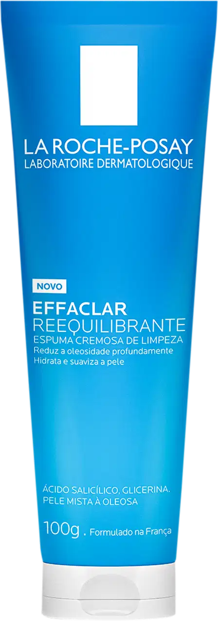 Tubo de limpeza facial da marca La Roche-Posay, com embalagem azul e branca, contendo o nome "Effaclar Reequilibrante" e informações sobre o produto, como "Espuma cremosa de limpeza" e "Reduz a oleosidade profundamente".