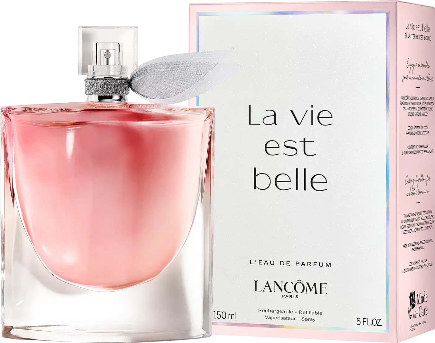 Frasco de perfume Lancôme com tampa prateada e decoração brilhante, contendo um líquido rosa claro. A embalagem é transparente, permitindo visualizar o conteúdo.