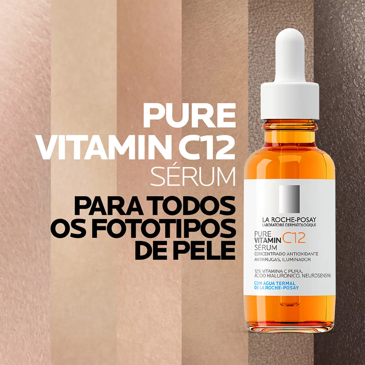 Frasco de vidro âmbar com conta-gotas branco contendo soro de vitamina C12 da marca La Roche-Posay, um produto dermatológico antioxidante e iluminador.