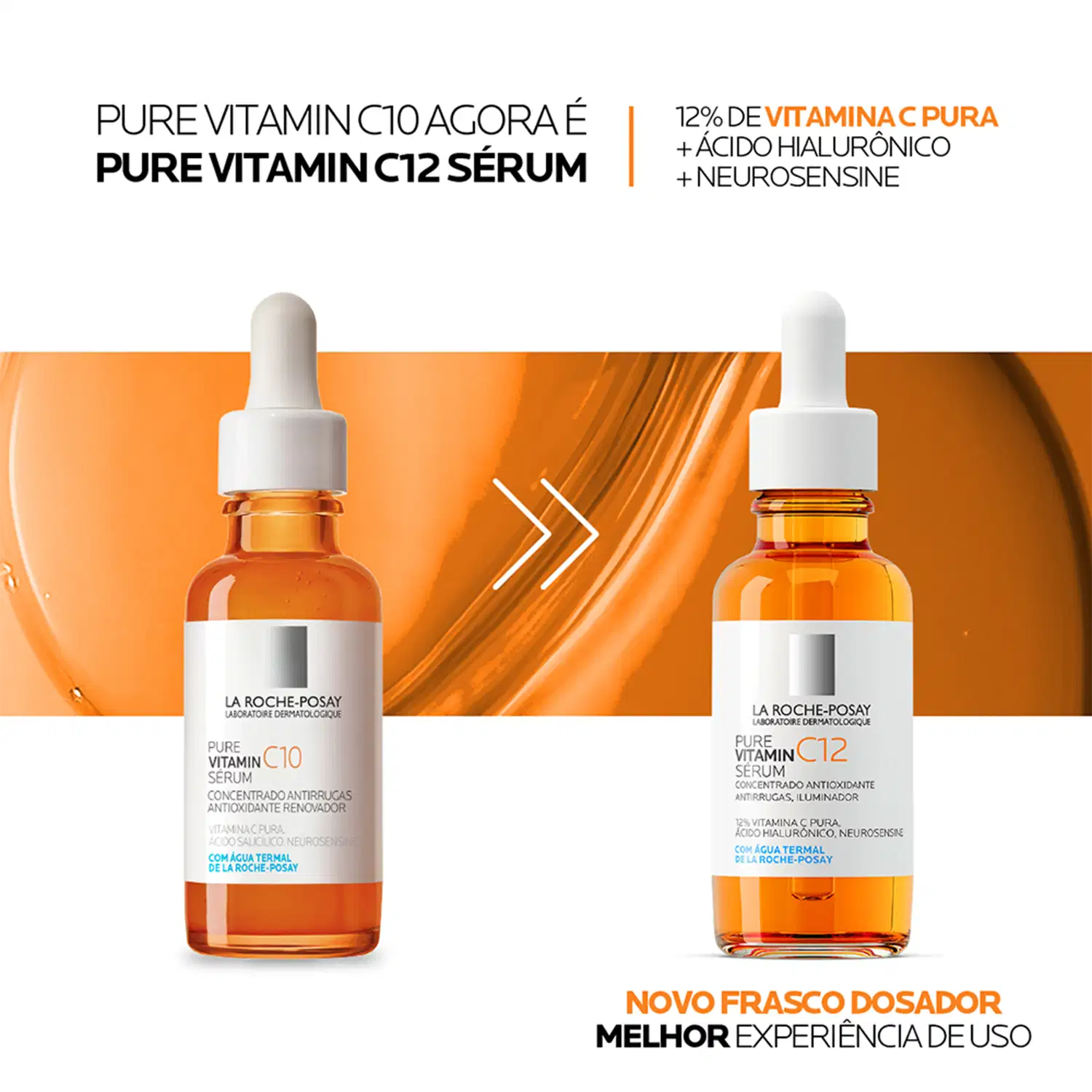 Frasco de vidro âmbar com conta-gotas branco contendo soro de vitamina C12 da marca La Roche-Posay, um produto dermatológico antioxidante e iluminador.
