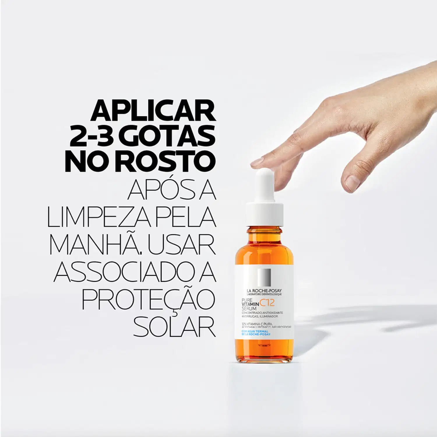 Frasco de vidro âmbar com conta-gotas branco contendo soro de vitamina C12 da marca La Roche-Posay, um produto dermatológico antioxidante e iluminador.