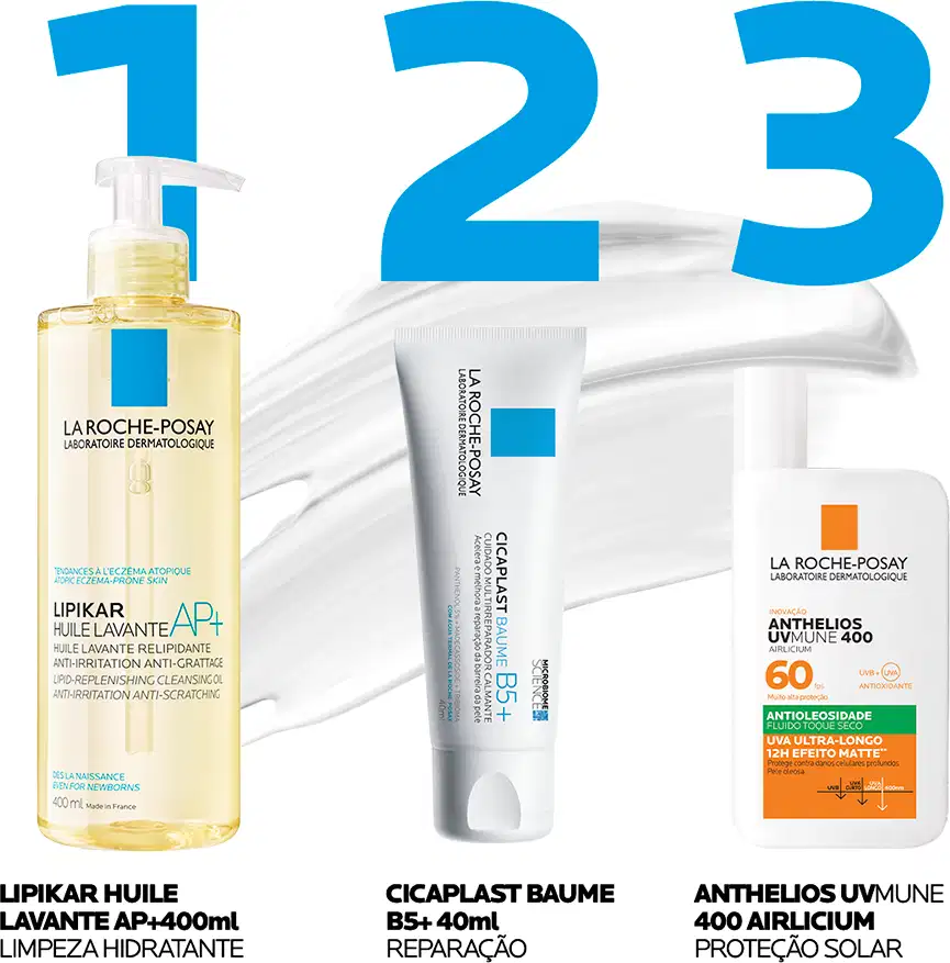 Três produtos da marca La Roche-Posay: Lipikar Huile Lavante AP+400ml, um óleo de limpeza hidratante; Cicaplast Baume B5+40ml, um bálsamo reparador; e Anthelios UVMUNE 400 Airliciu, um protetor solar com FPS 60.