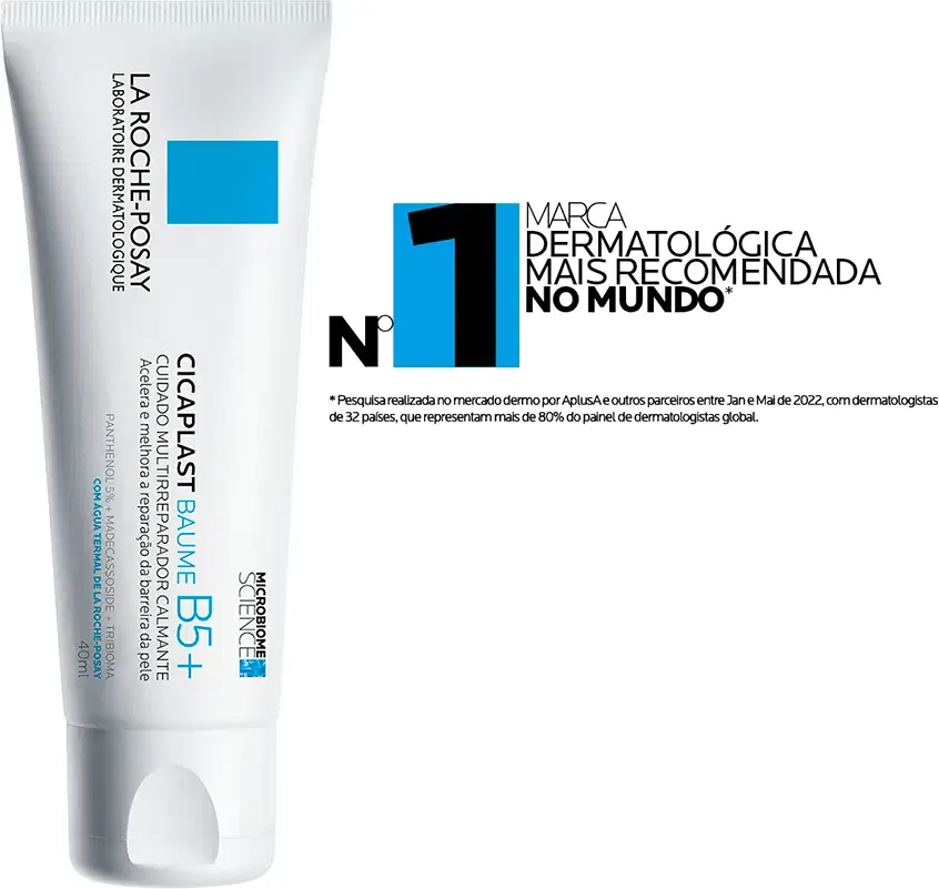 Tubo de creme dermatológico da marca La Roche-Posay, com embalagem branca e azul, destacando que é a marca dermatológica mais recomendada no mundo, de acordo com pesquisa realizada.