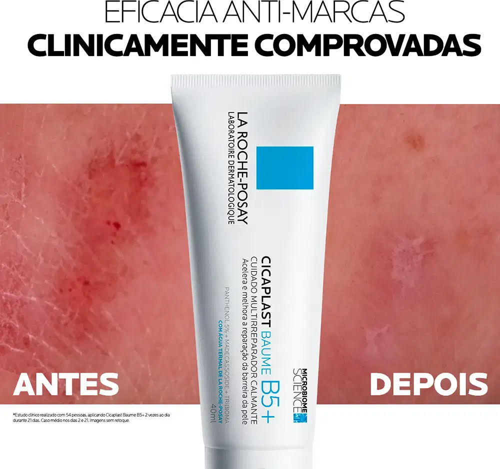 Tubo branco de 100 ml do produto de cuidados com a pele Cicaplast Baume B5+ da marca La Roche-Posay, com rótulo azul destacando seus benefícios de cuidado e restauração da barreira cutânea.