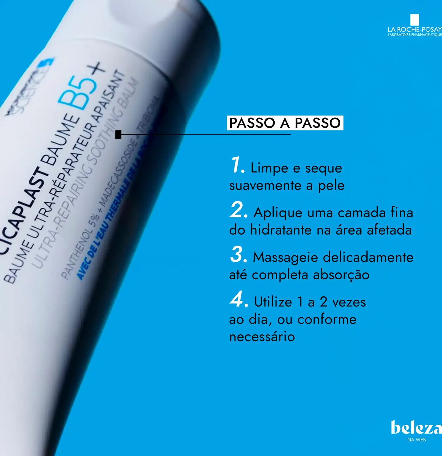Tubo branco de 100 ml do produto de cuidados com a pele Cicaplast Baume B5+ da marca La Roche-Posay, com rótulo azul destacando seus benefícios de cuidado e restauração da barreira cutânea.