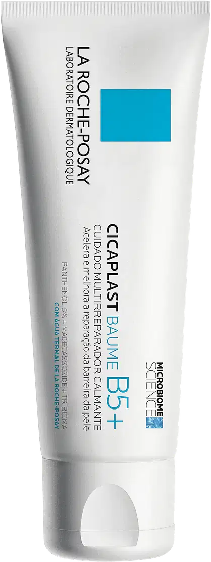 Tubo branco de 100 ml do produto de cuidados com a pele Cicaplast Baume B5+ da marca La Roche-Posay, com rótulo azul destacando seus benefícios de cuidado e restauração da barreira cutânea.