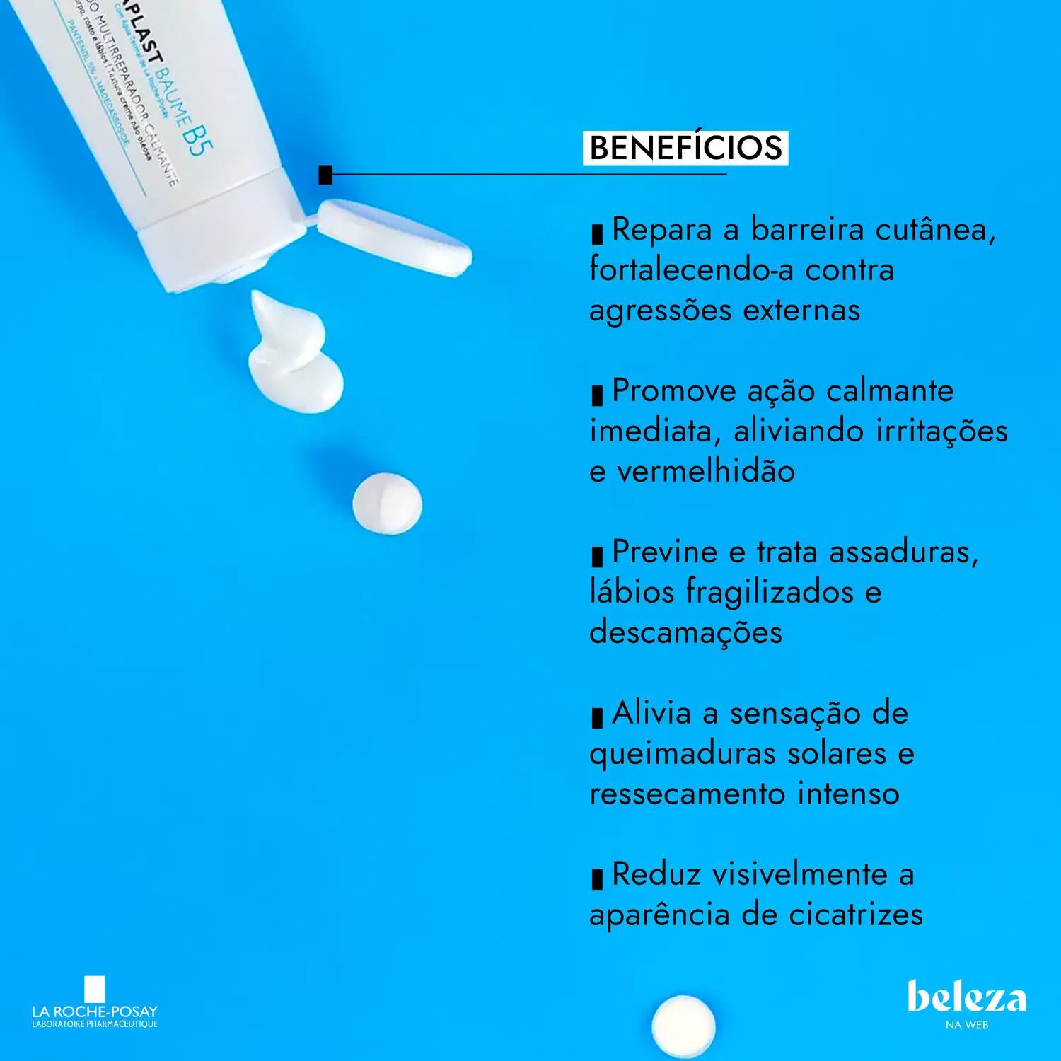 Produto de beleza da marca La Roche-Posay em embalagem branca e azul, com informações sobre os benefícios do produto, incluindo reparação da barreira cutânea, ação calmante e alívio de queimaduras solares.