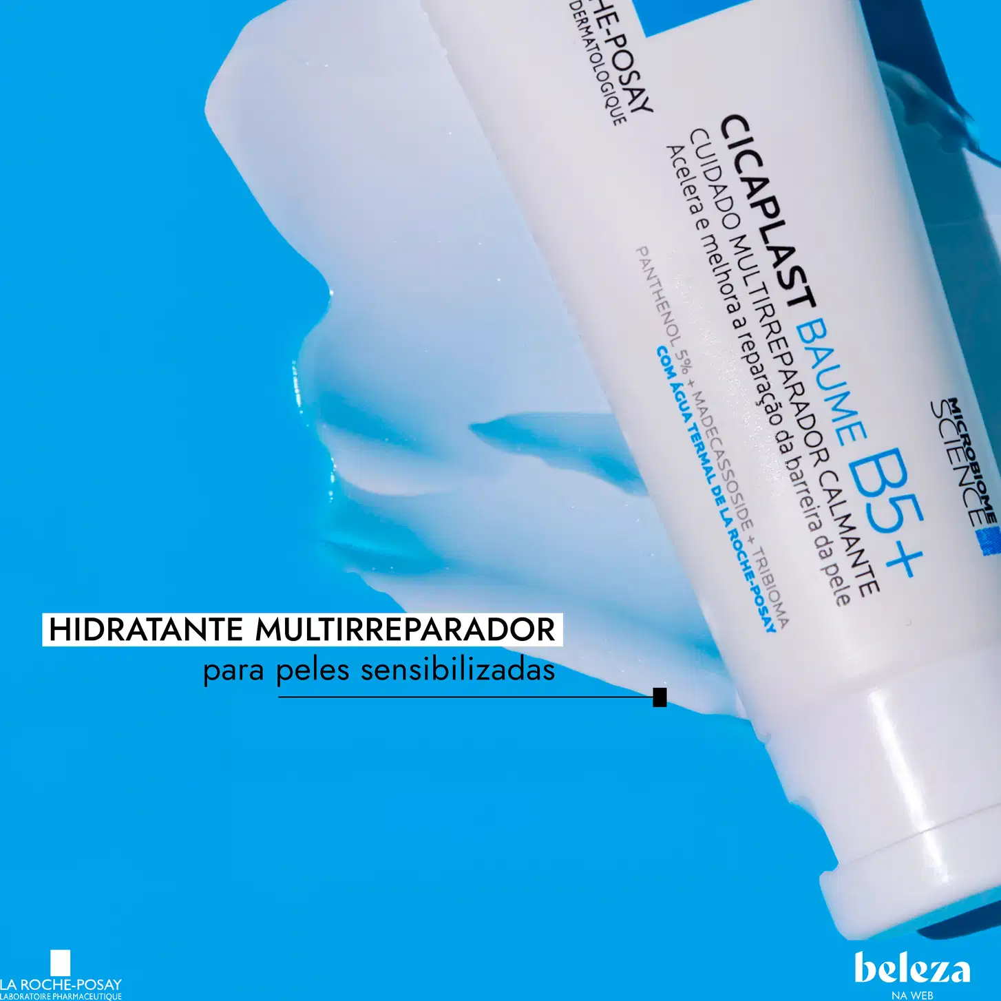Tubo branco de 100 ml do produto de cuidados com a pele Cicaplast Baume B5+ da marca La Roche-Posay, com rótulo azul destacando seus benefícios de cuidado e restauração da barreira cutânea.